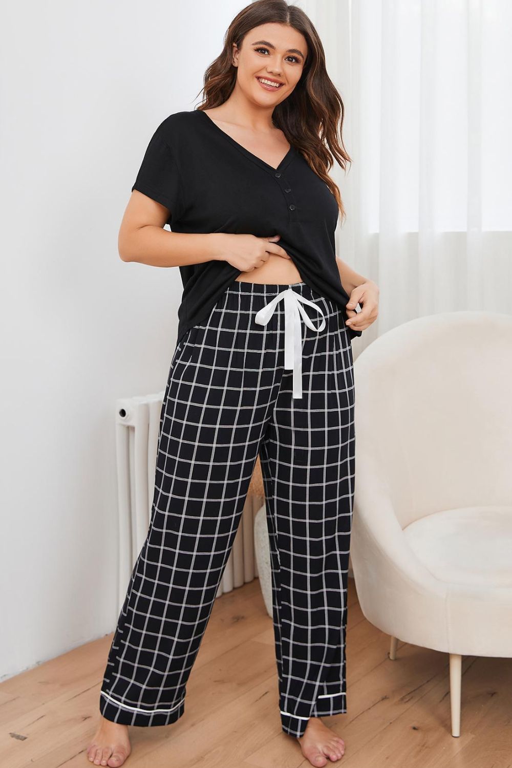 Plus Size V-Neck Top and Plaid Pants Lounge Set-Teresa&#39;s Fashionista LLC