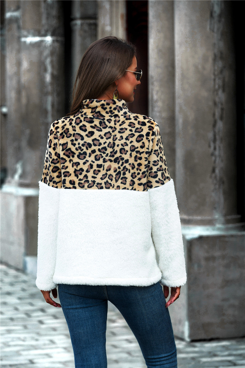 Leopard Color Block Half-Zip Collar Teddy Sweatshirt-Teresa&#39;s Fashionista LLC