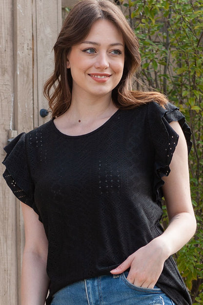 Eyelet Round Neck Flutter Sleeve Blouse-Teresa&#39;s Fashionista LLC