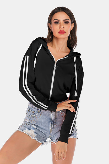 Side Stripe Drawstring Cropped Hooded Jacket-Teresa&#39;s Fashionista LLC