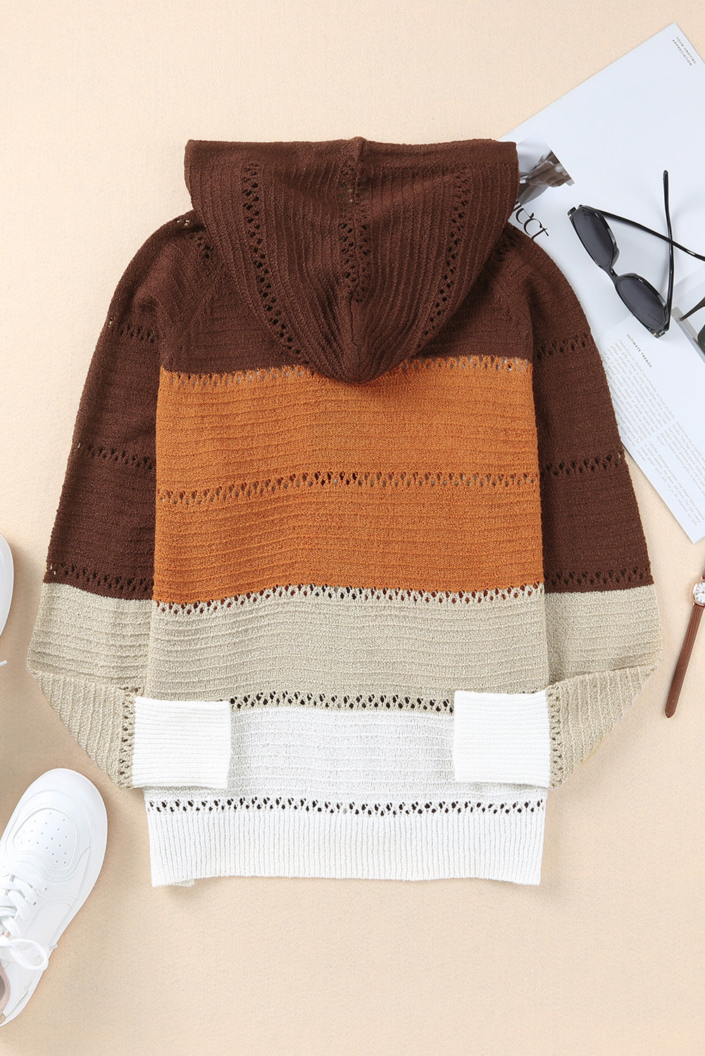 Zip-Up Raglan Sleeve Openwork Hooded Cardigan-Teresa&#39;s Fashionista LLC