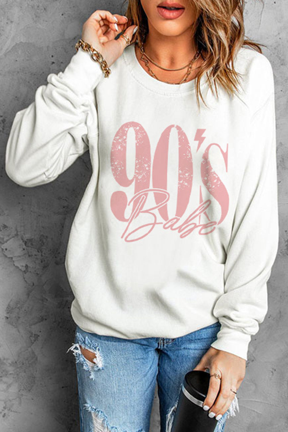 90's BABE Graphic Dropped Shoulder Sweatshirt-Teresa&#39;s Fashionista LLC