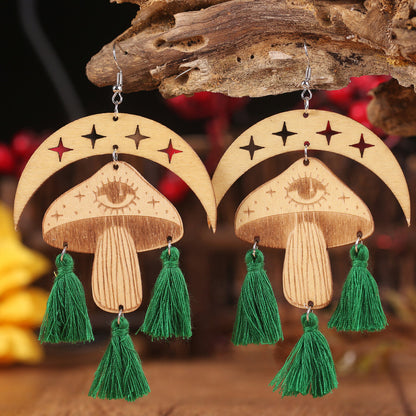 Moon & Mushroom Tassel Detail Dangle Earrings-Teresa&#39;s Fashionista LLC