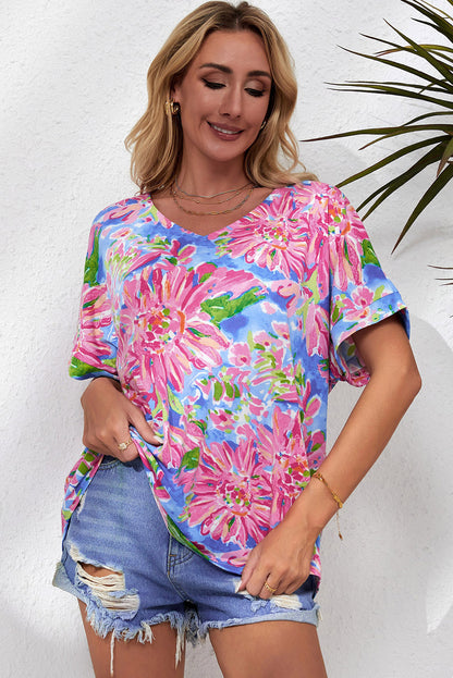 Floral V-Neck Short Sleeve Blouse-Teresa&#39;s Fashionista LLC