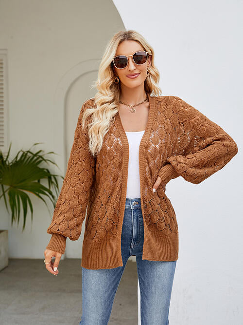 Openwork Open Front Lantern Sleeve Cardigan-Teresa&#39;s Fashionista LLC