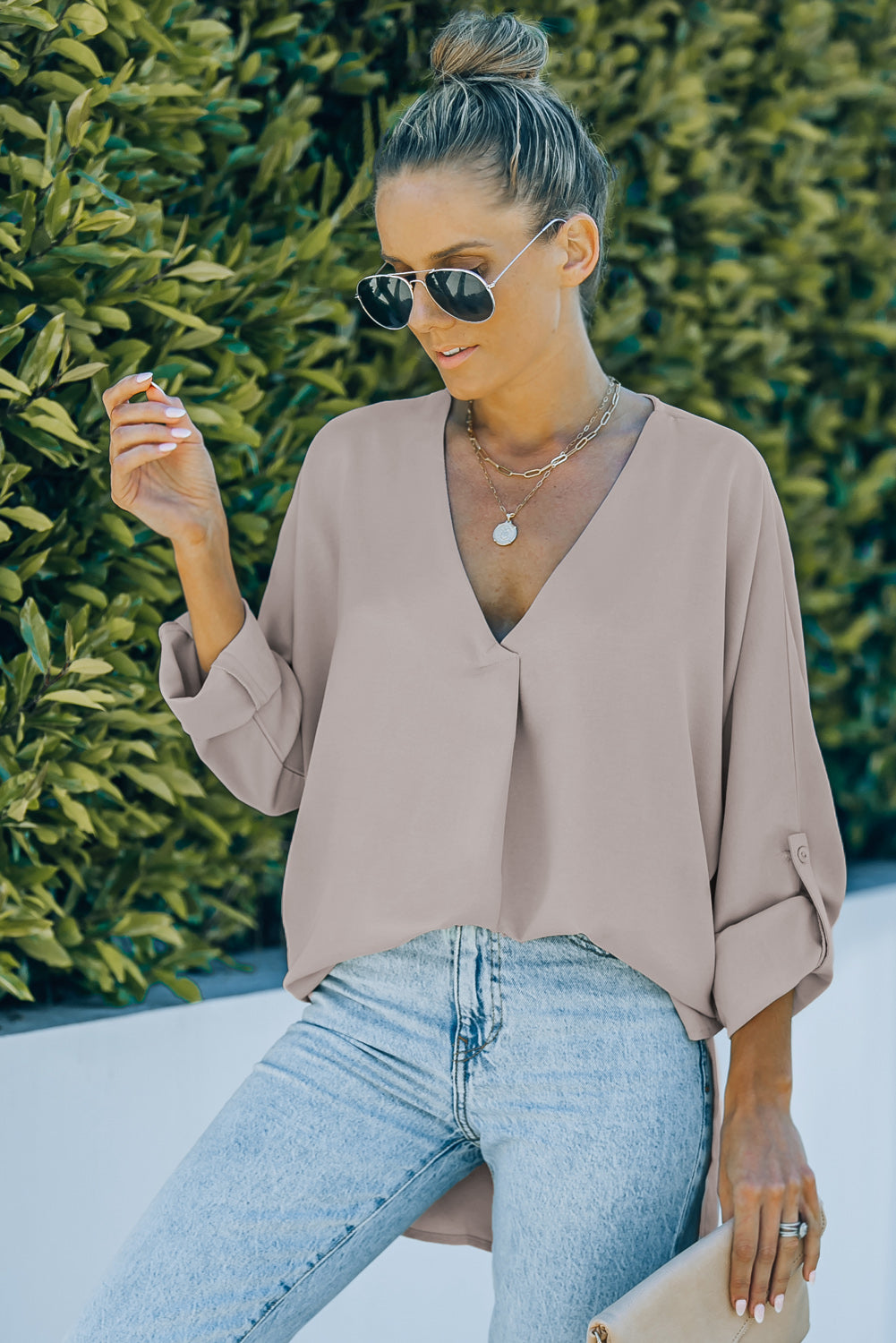 V-Neck Roll-Tab Sleeve Blouse-Teresa&#39;s Fashionista LLC