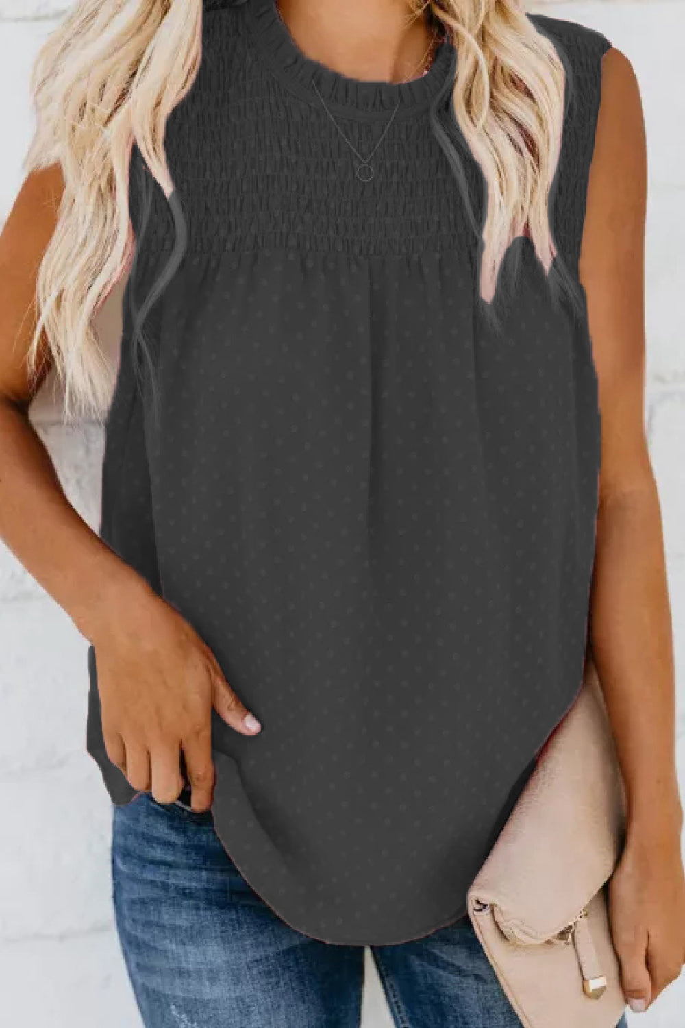 Smocked Tie Back Frill Trim Tank-Teresa&#39;s Fashionista LLC