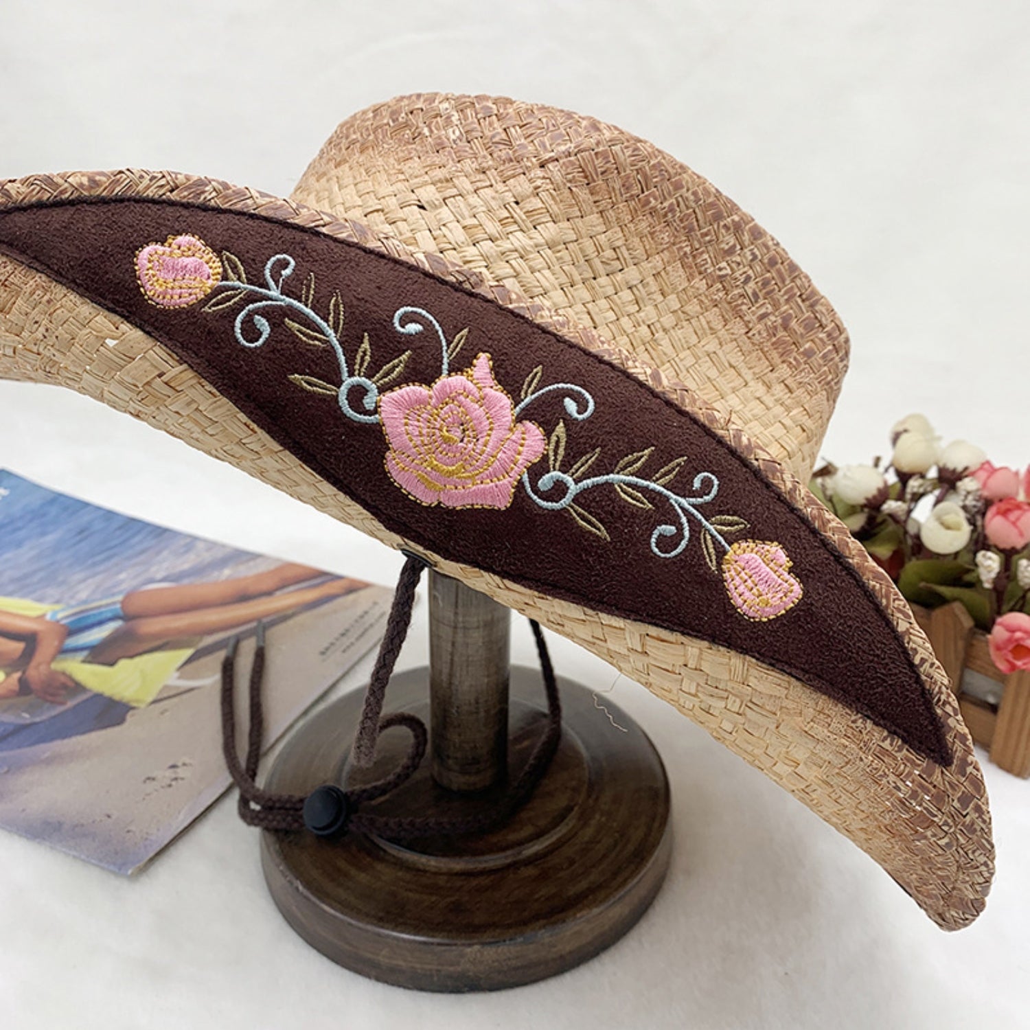 Embroidered Tied Raffia Hat-Teresa&#39;s Fashionista LLC