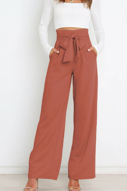 Tie Front Paperbag Wide Leg Pants-Teresa&#39;s Fashionista LLC