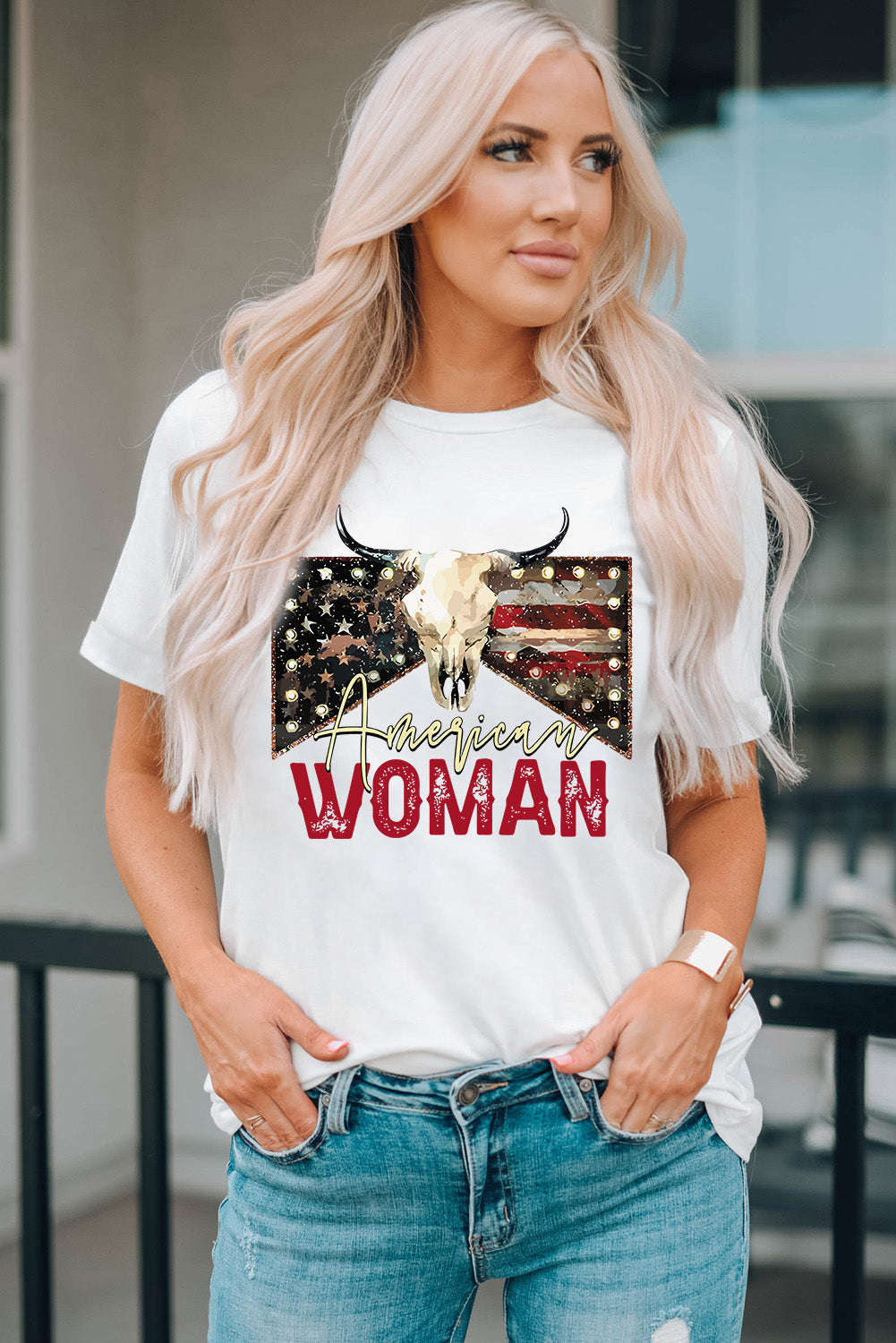 AMERICAN WOMAN Graphic Round Neck Tee-Teresa&#39;s Fashionista LLC