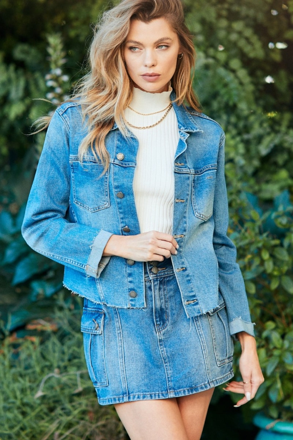 Veveret Button Up Raw Hem Denim Jacket-Teresa&#39;s Fashionista LLC