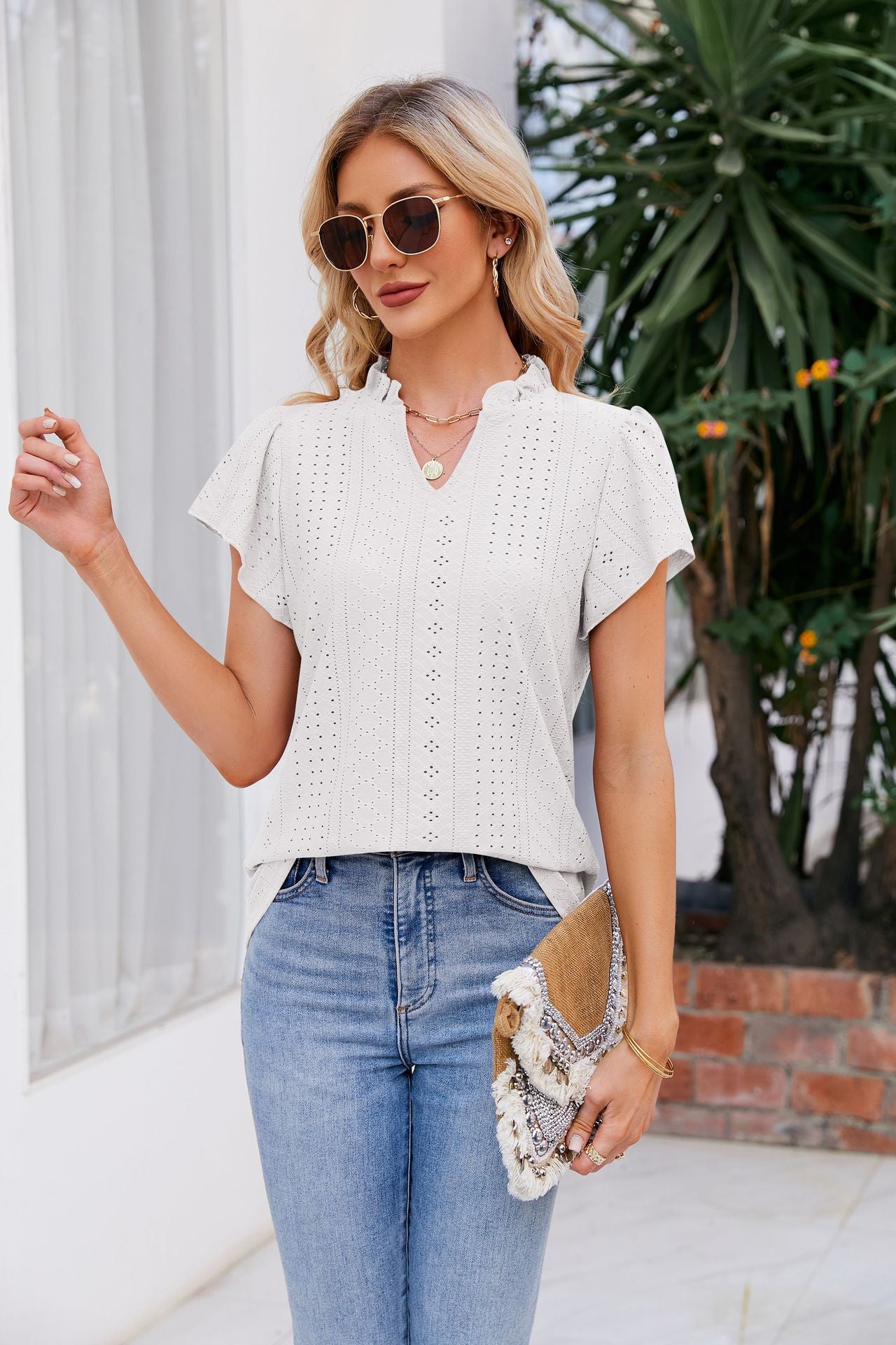 Notched Neck Puff Sleeve Blouse-Teresa&#39;s Fashionista LLC