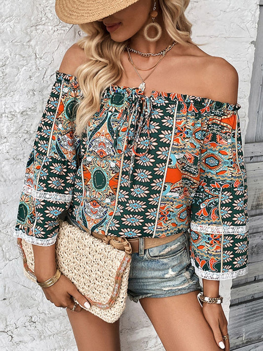 Printed Frill Trim Off-Shoulder Blouse-Teresa&#39;s Fashionista LLC