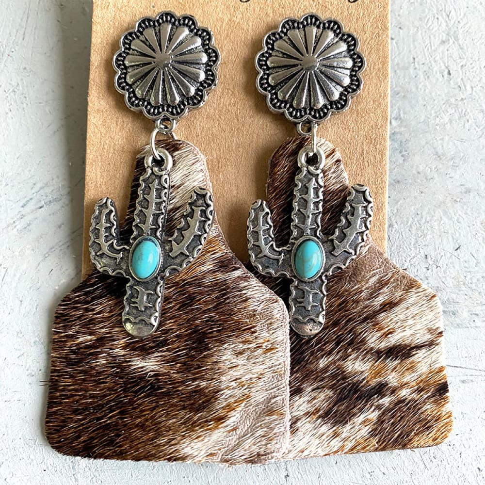 Turquoise Decor Cactus Alloy Earrings-Teresa&#39;s Fashionista LLC