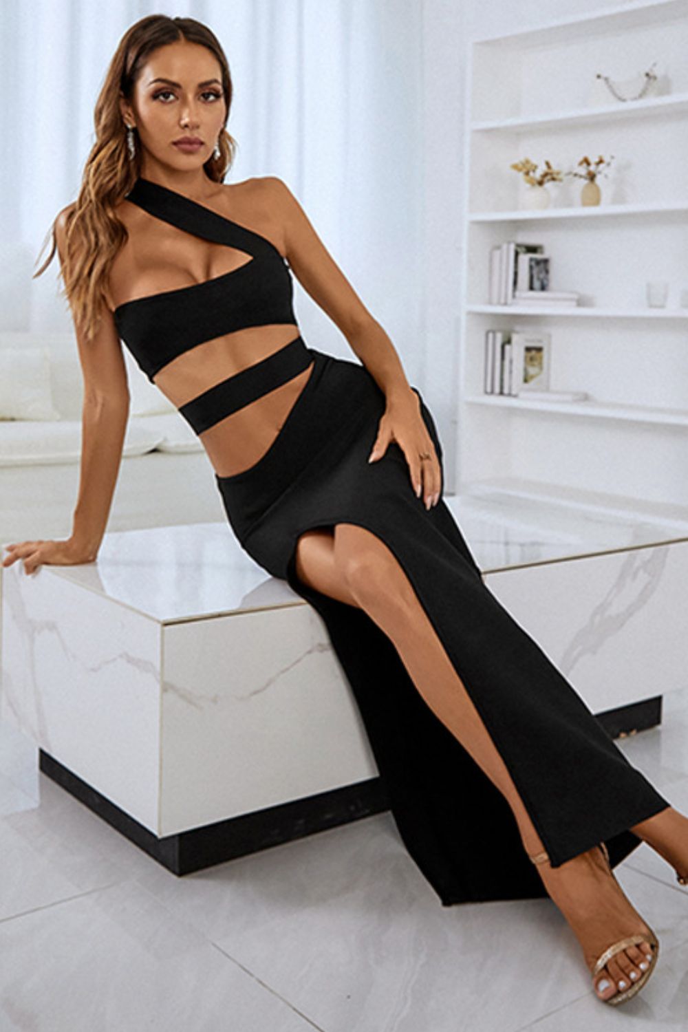 One-Shoulder Cutout Front Split Maxi Dress-Teresa&#39;s Fashionista LLC