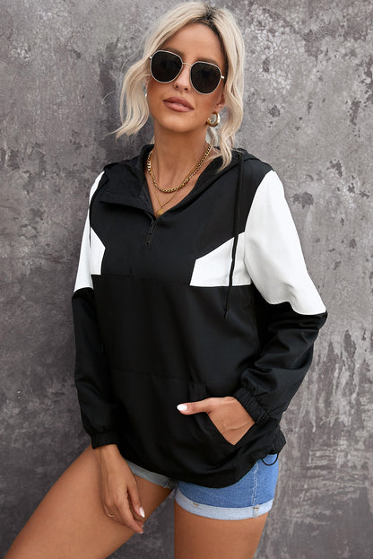 Color Block Quarter-Zip Drawstring Hoodie-Teresa&#39;s Fashionista LLC