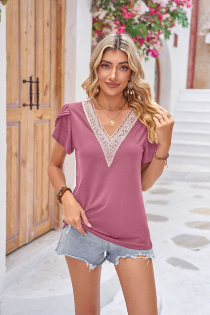 Contrast V-Neck Petal Sleeve Top-Teresa&#39;s Fashionista LLC