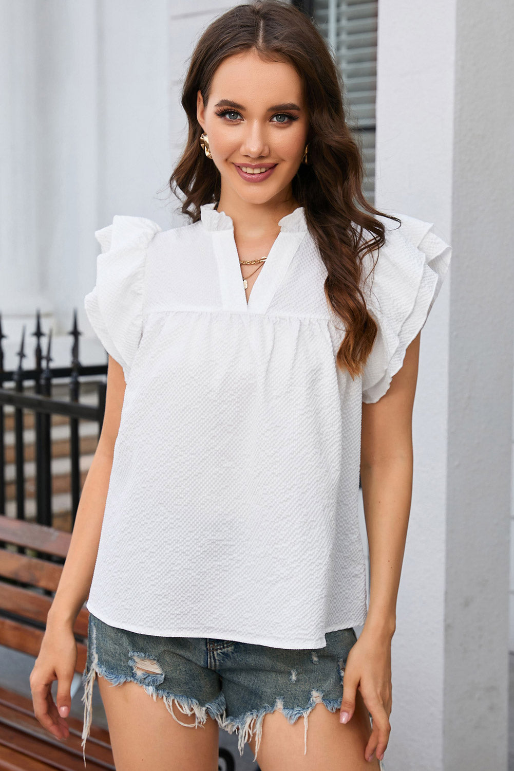 Notched Neck Butterfly Sleeve Blouse-Teresa&#39;s Fashionista LLC