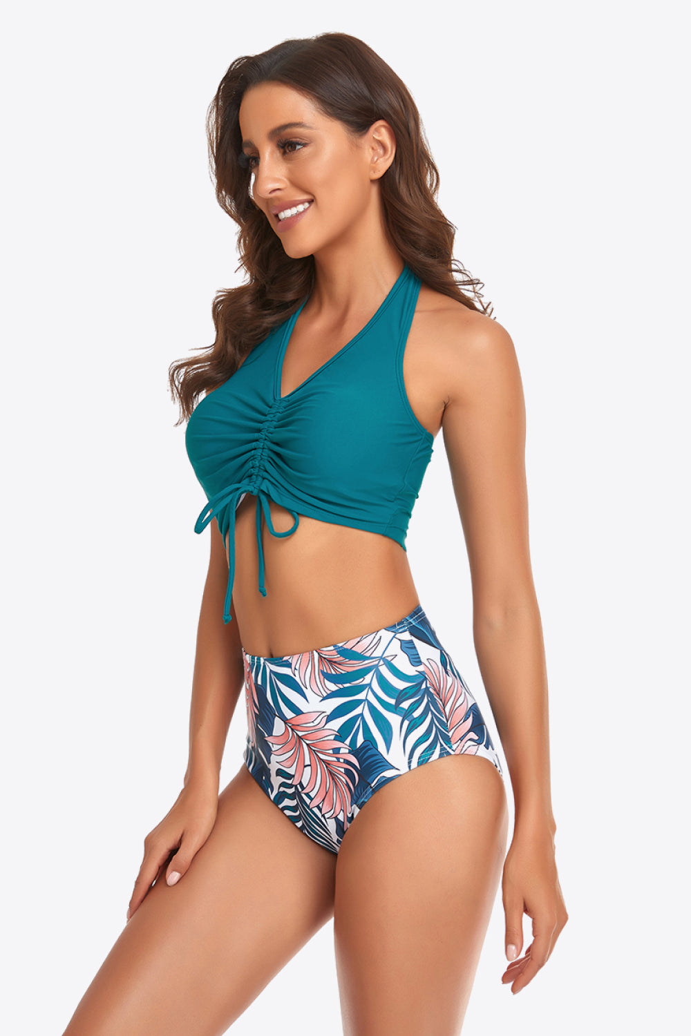 Botanical Print Halter Neck Drawstring Detail Bikini Set-Teresa&#39;s Fashionista LLC