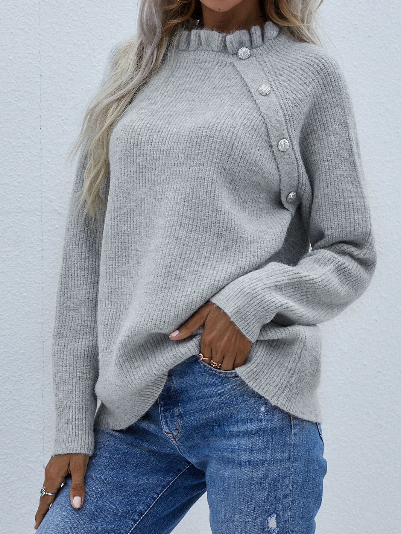 Button Detail Frill Neck Rib-Knit Sweater-Teresa&#39;s Fashionista LLC