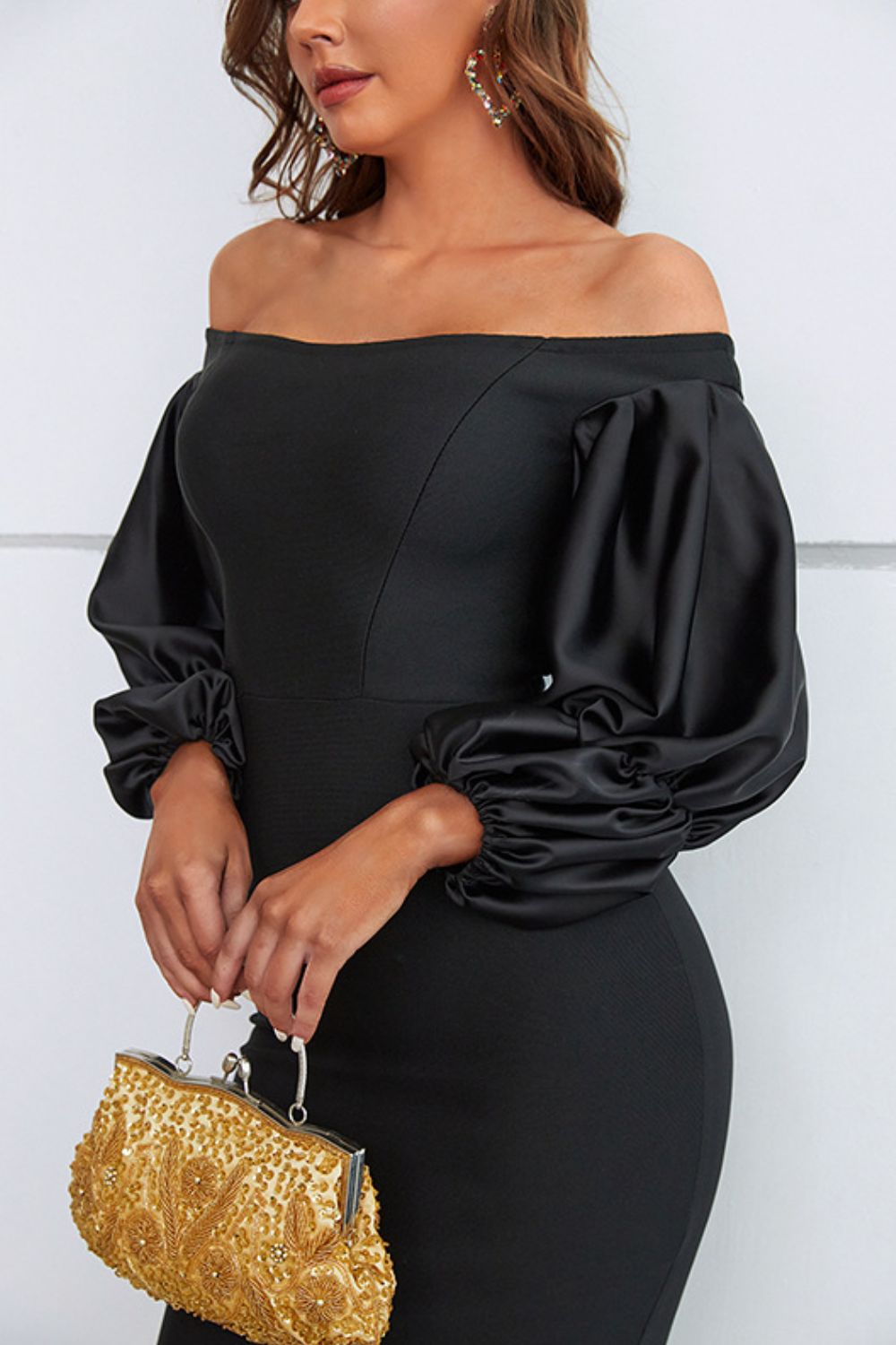 Off-Shoulder Bubble Sleeve Slit Dress-Teresa&#39;s Fashionista LLC