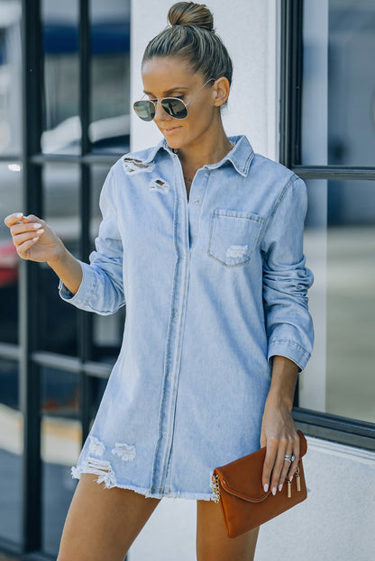 Distressed Snap Down Denim Jacket-Teresa&#39;s Fashionista LLC