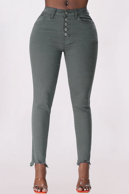 Button Fly Hem Detail Skinny Jeans-Teresa&#39;s Fashionista LLC