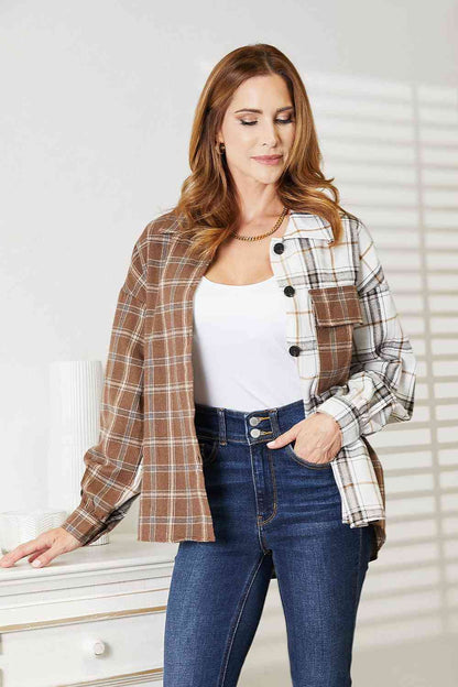 Double Take Plaid Contrast Button Up Shirt Jacket-Teresa&#39;s Fashionista LLC