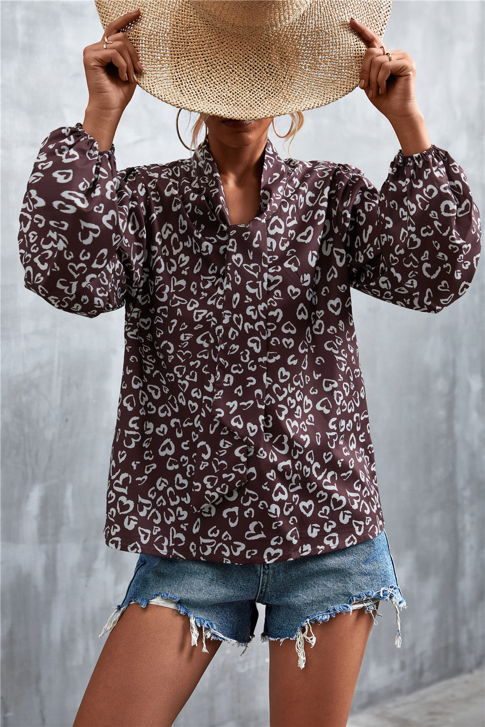 Printed Tie Neck Puff Sleeve Blouse-Teresa&#39;s Fashionista LLC