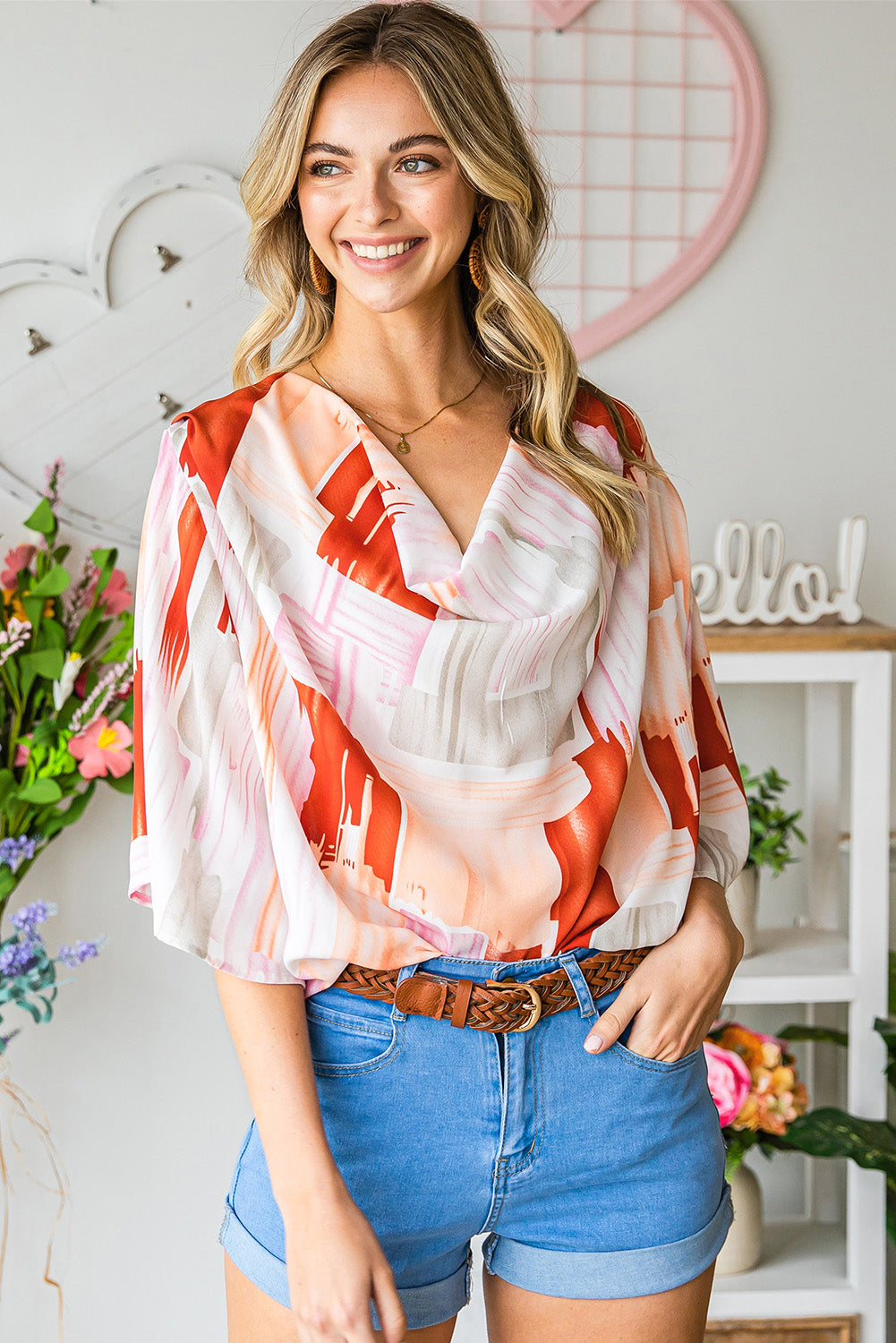 Printed Cowl Neck Half Sleeve Blouse-Teresa&#39;s Fashionista LLC