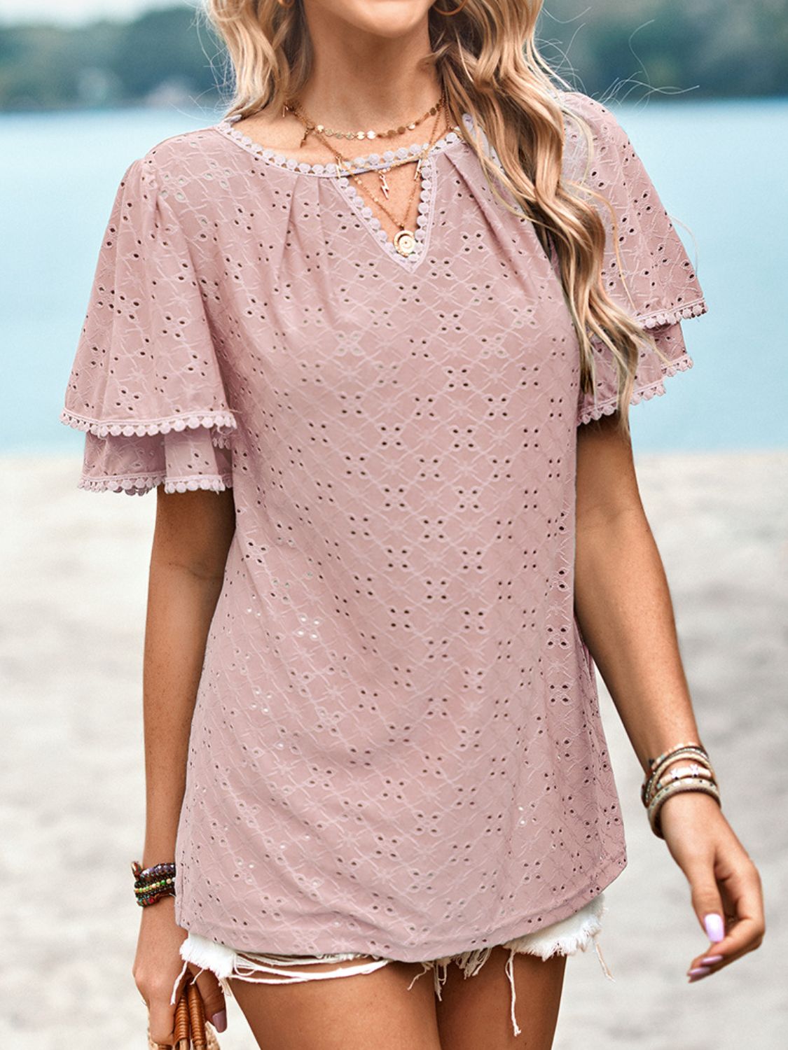 Eyelet Round Neck Puff Sleeve Blouse-Teresa&#39;s Fashionista LLC