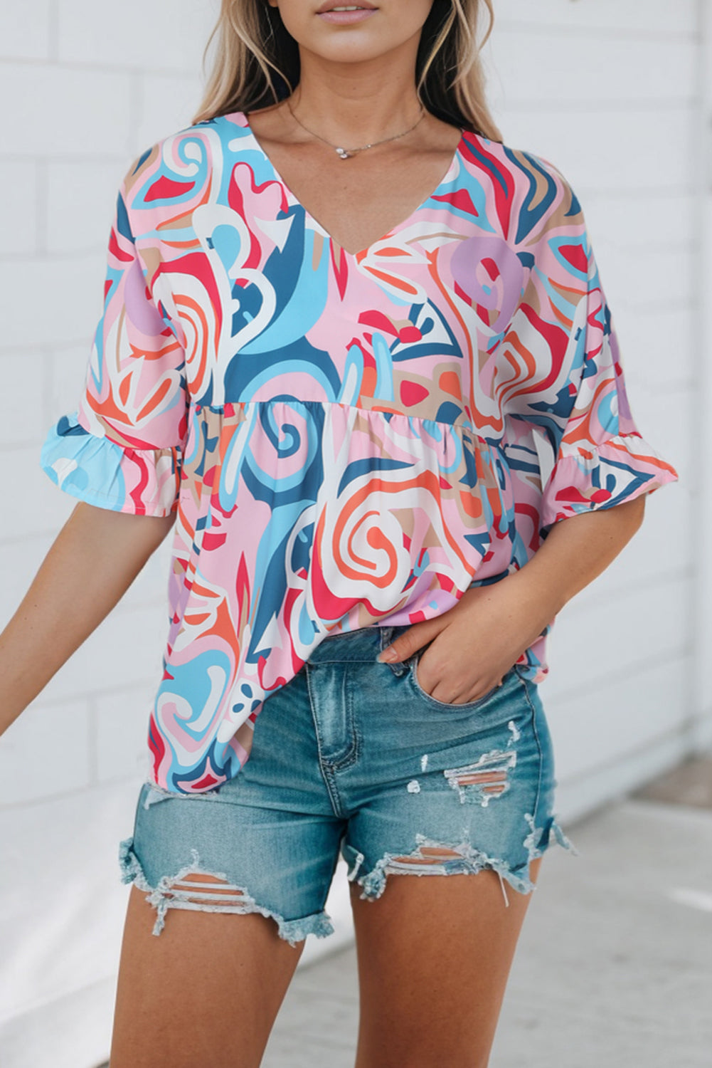 Printed V-Neck Flounce Sleeve Blouse-Teresa&#39;s Fashionista LLC