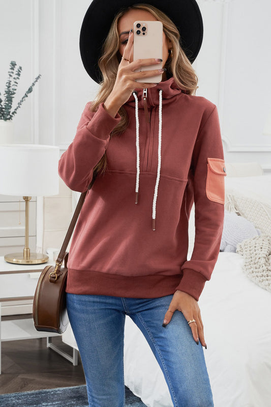 Half Zip Patch Pocket Drawstring Hoodie-Teresa&#39;s Fashionista LLC