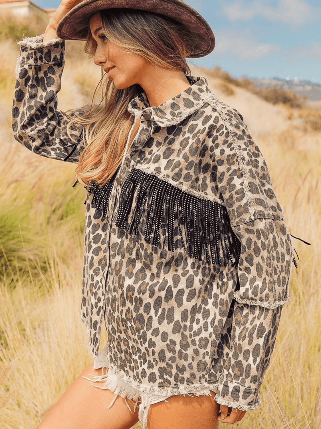 Leopard Fringe Detail Collared Neck Denim Jacket-Teresa&#39;s Fashionista LLC