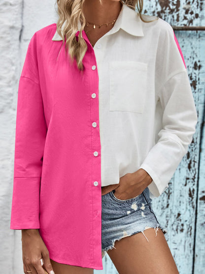 Two-Tone Contrast Drop Shoulder Shirt-Teresa&#39;s Fashionista LLC