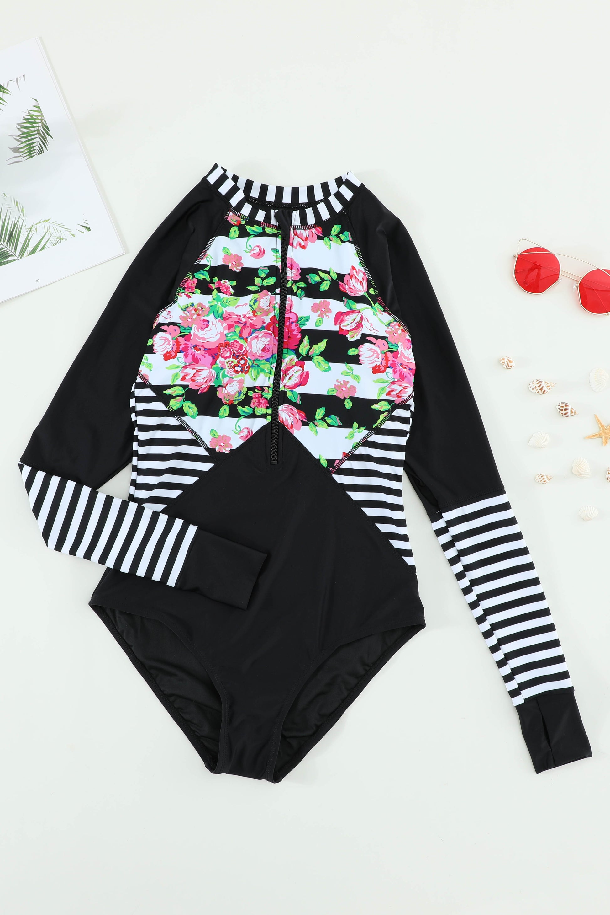 Floral Striped Patchwork Rashguard One-piece-Teresa&#39;s Fashionista LLC