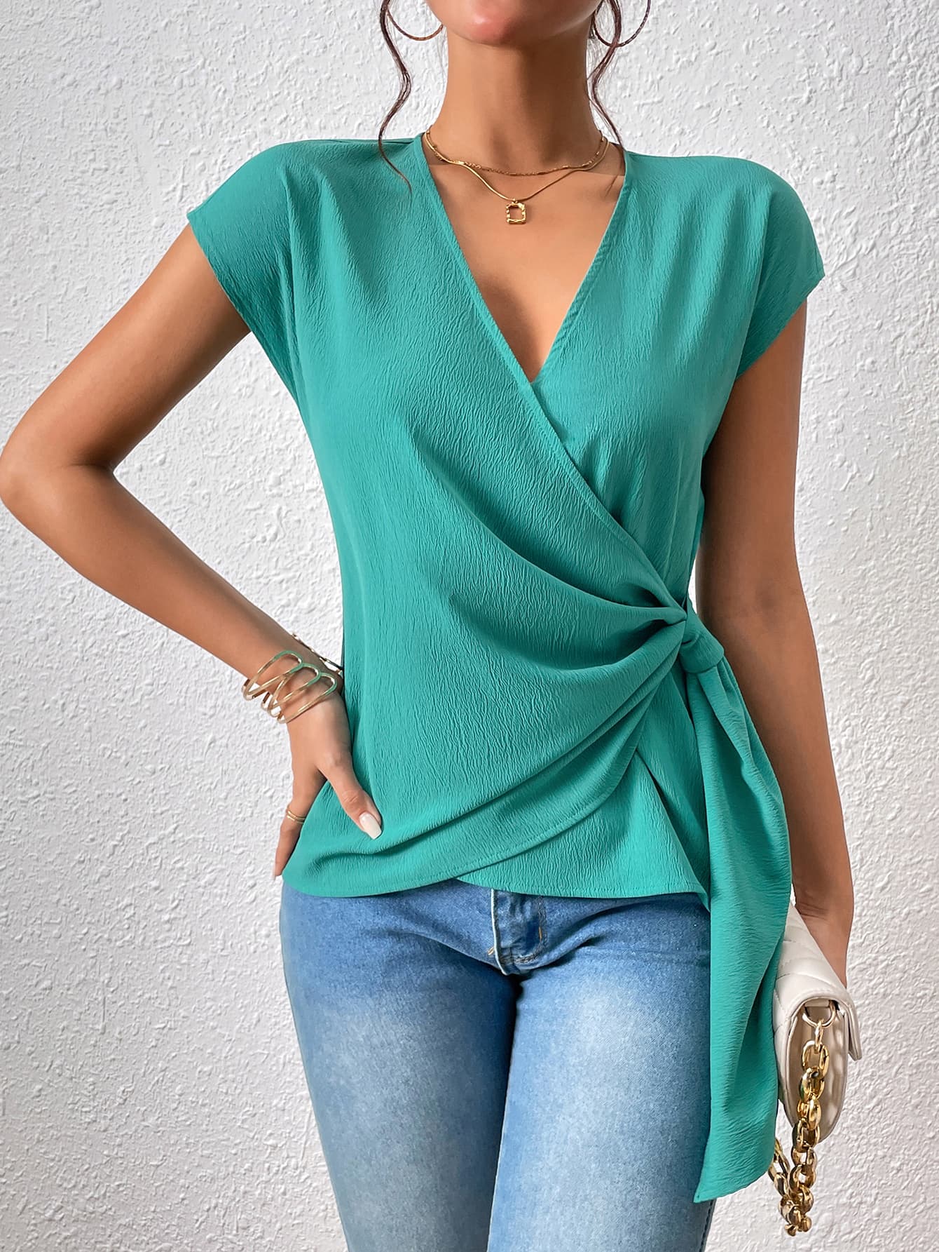 Tied Surplice Neck Short Sleeve Blouse-Teresa&#39;s Fashionista LLC