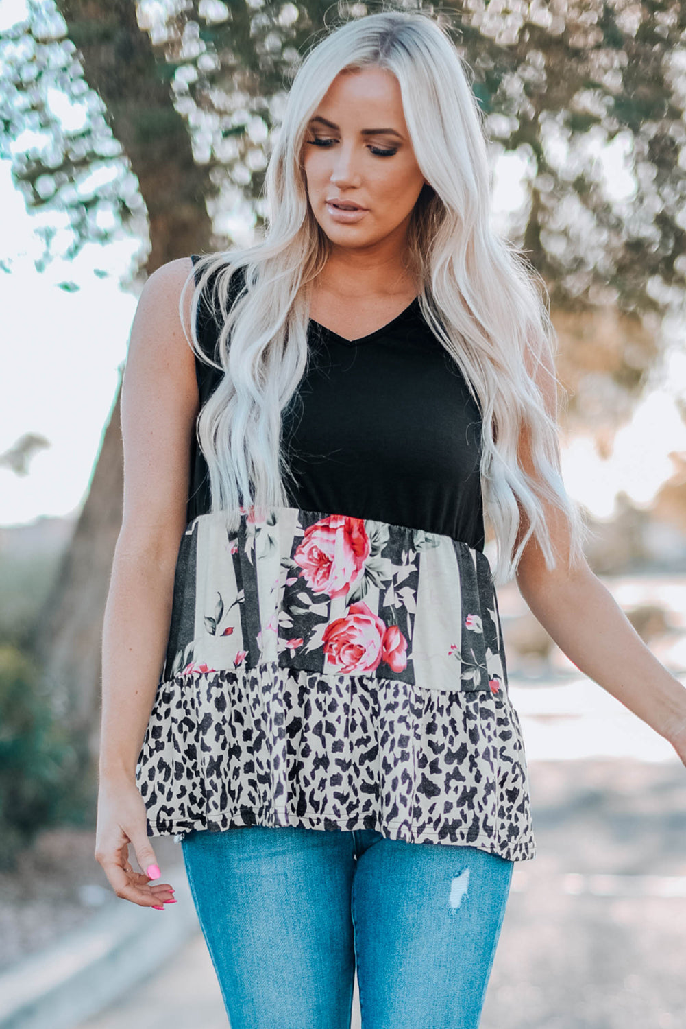 Leopard Floral Color Block V-Neck Tank Top-Teresa&#39;s Fashionista LLC