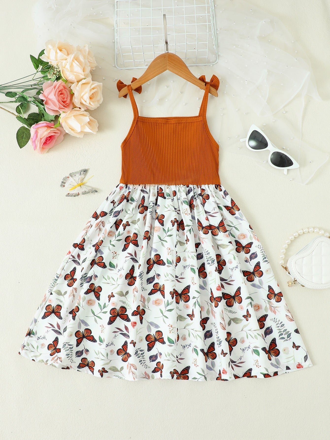 Butterfly Print Bow Detail Dress-Teresa&#39;s Fashionista LLC