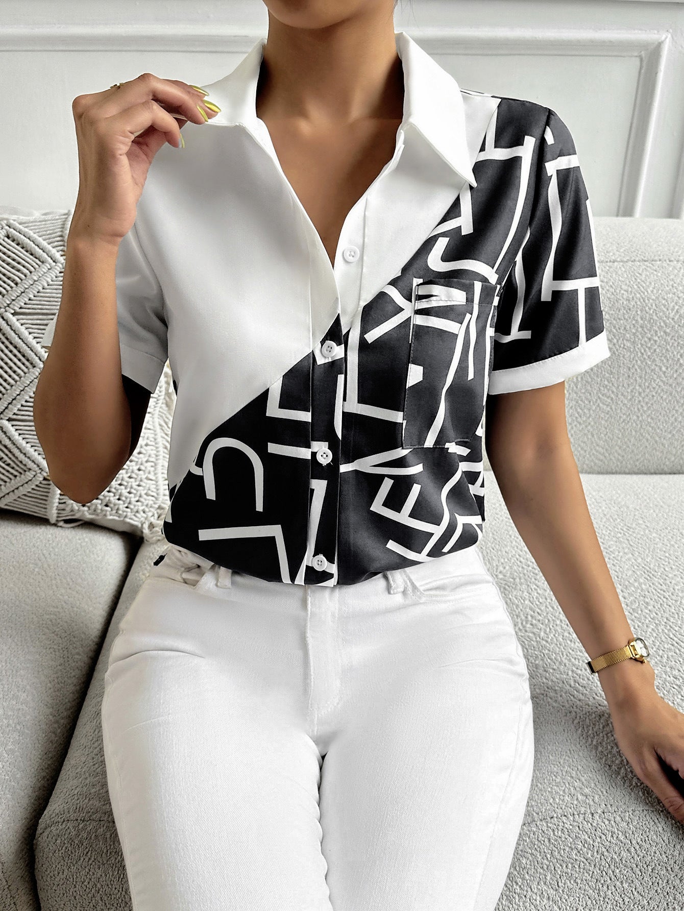 Contrast Short Sleeve Shirt-Teresa&#39;s Fashionista LLC