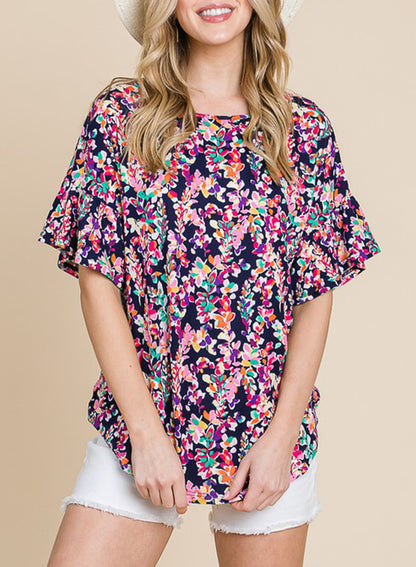 Printed Boat Neck Curved Hem Top-Teresa&#39;s Fashionista LLC