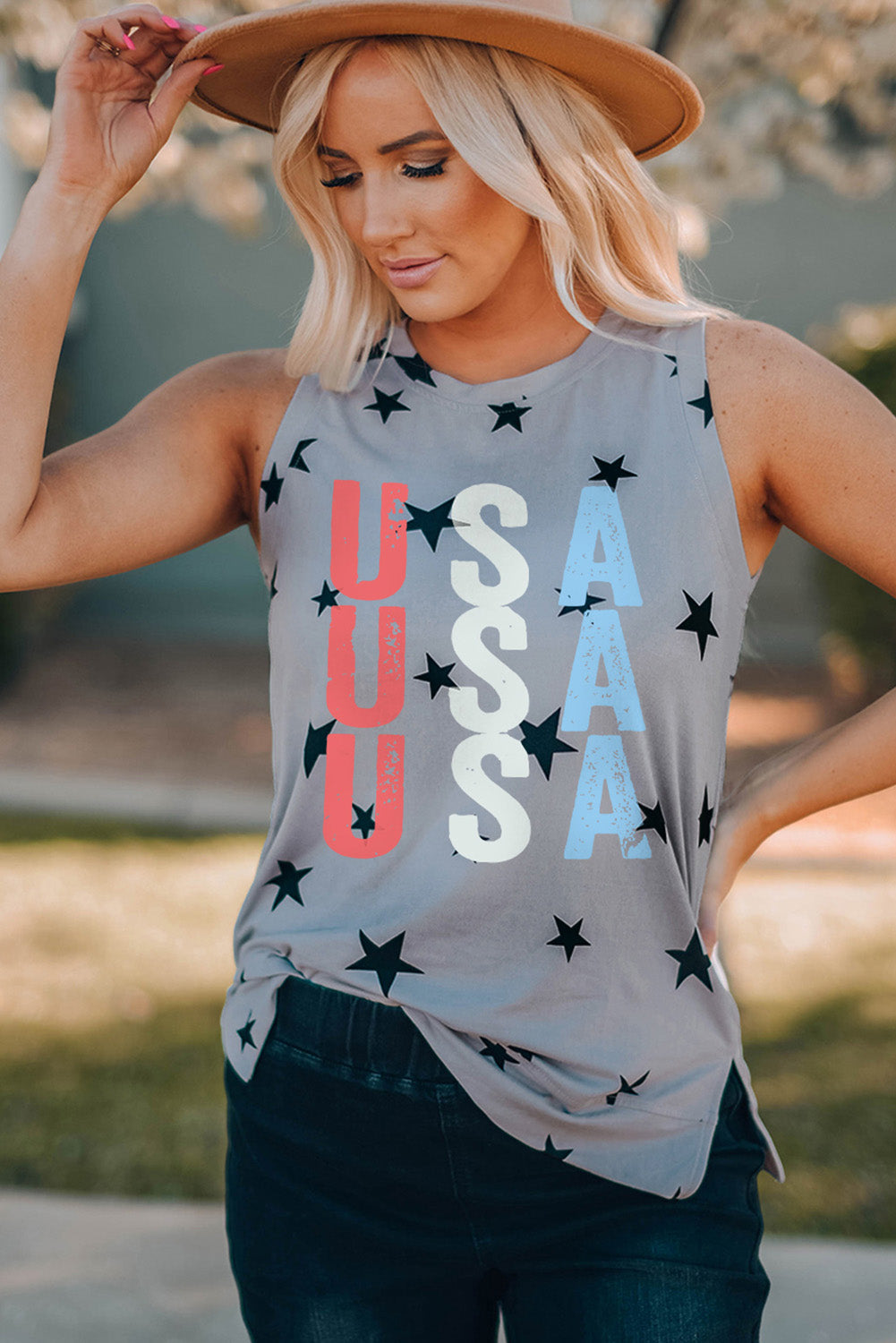 Star Print USA Slit Tank-Teresa&#39;s Fashionista LLC