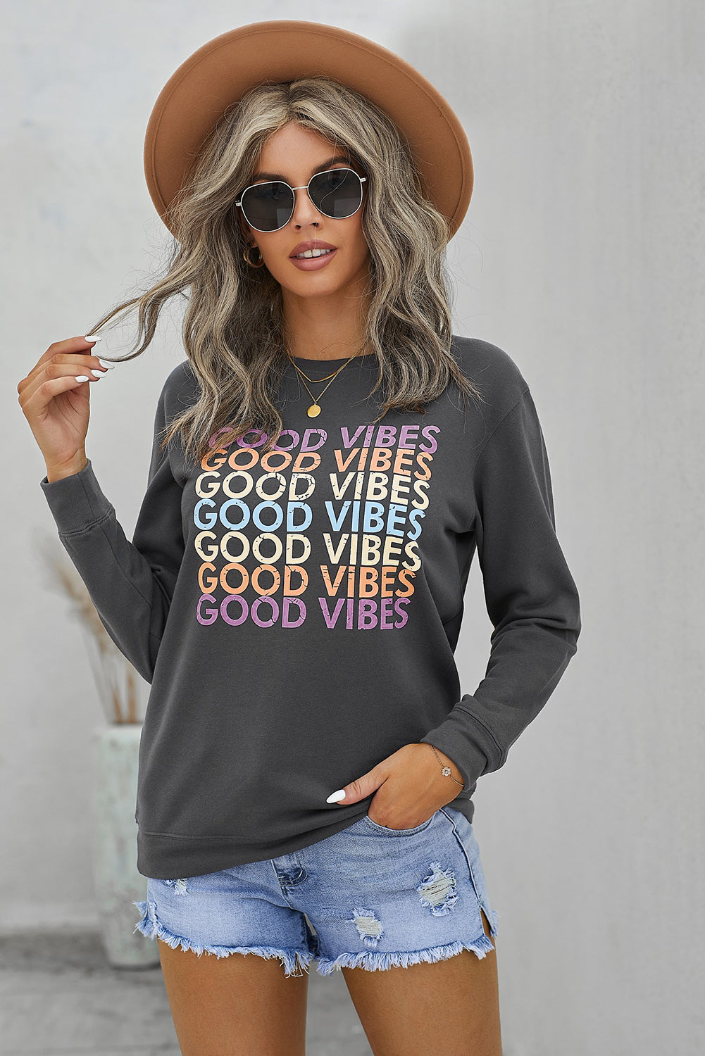 GOOD VIBES Graphic Sweatshirt-Teresa&#39;s Fashionista LLC