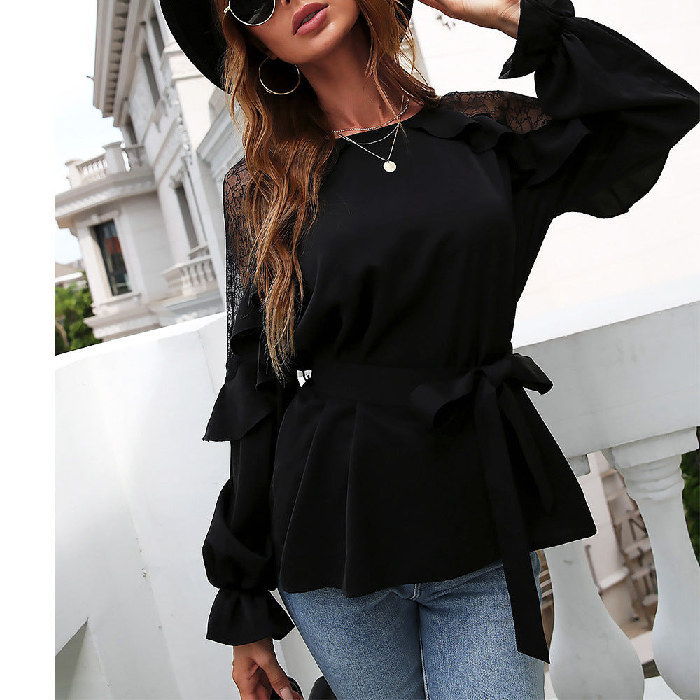 Round Neck Front Tie Flounce Sleeve Lace Cap Blouse-Teresa&#39;s Fashionista LLC