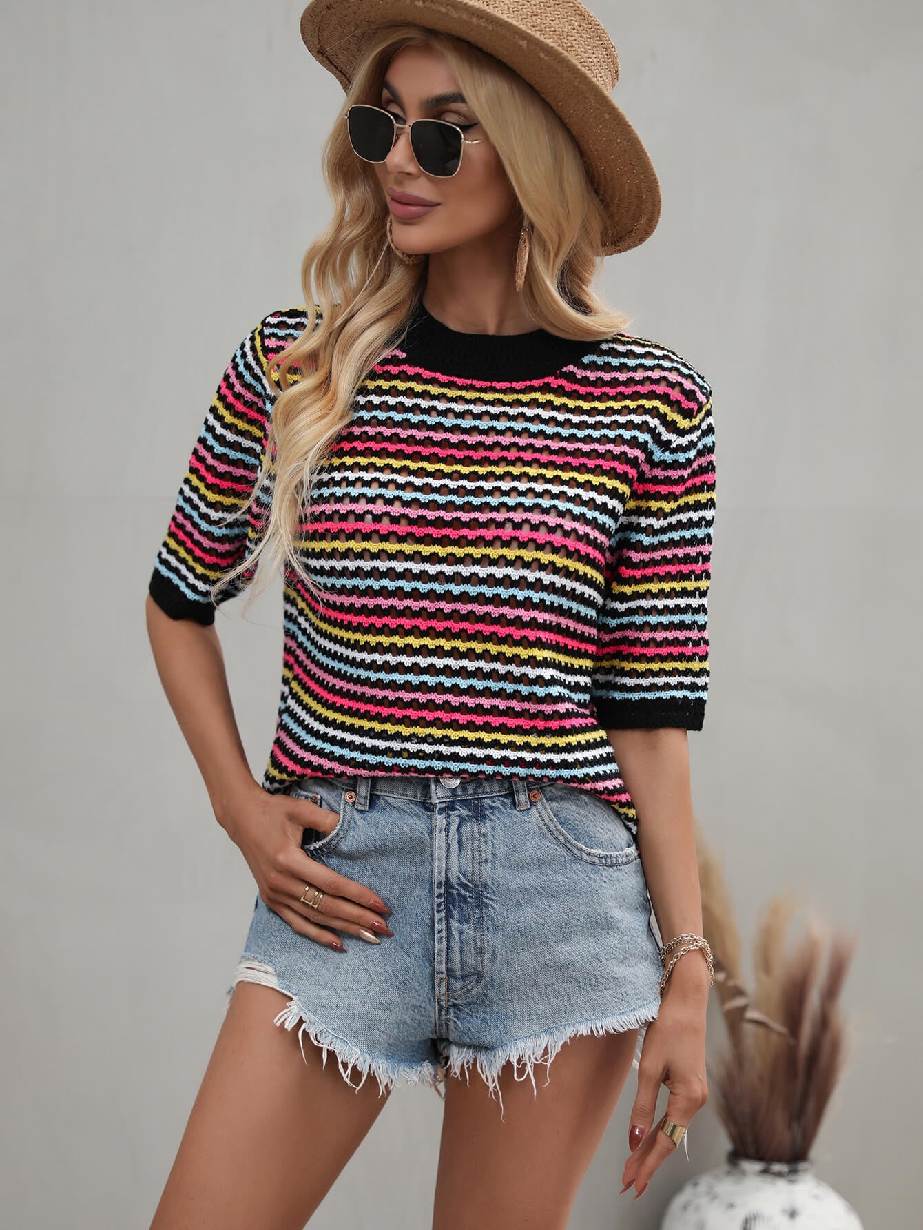 Striped Openwork Half Sleeve Knit Top-Teresa&#39;s Fashionista LLC