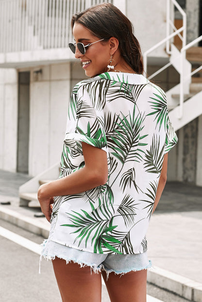 Botanical Print Button Front Lapel Collar Shirt-Teresa&#39;s Fashionista LLC