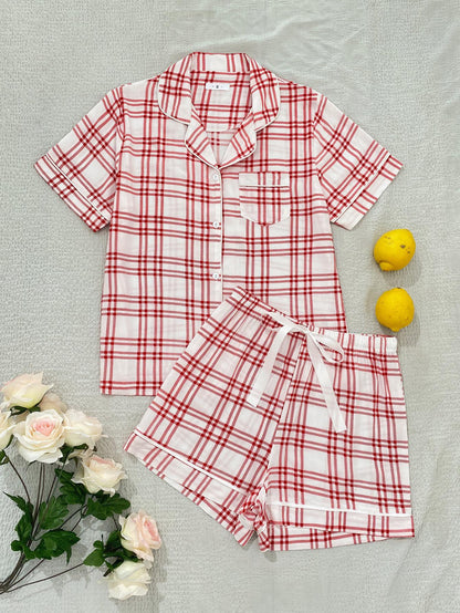 Plaid Lapel Collar Shirt and Shorts Lounge Set-Teresa&#39;s Fashionista LLC