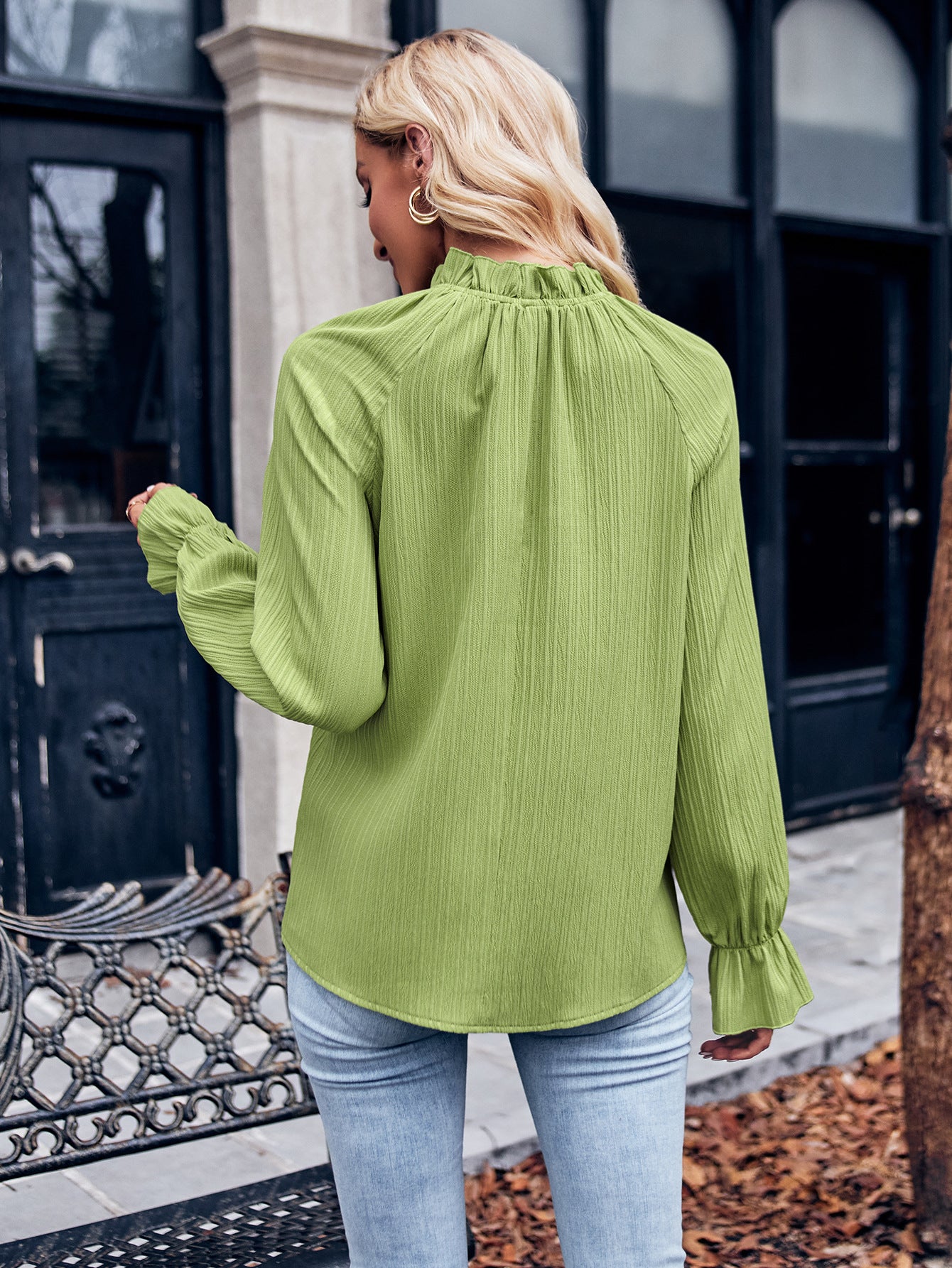 Ruffled Mock Neck Flounce Sleeve Blouse-Teresa&#39;s Fashionista LLC