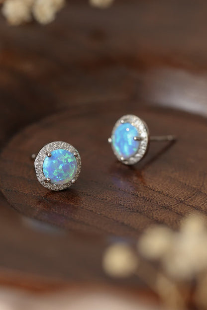 925 Sterling Silver Platinum-Plated Opal Round Stud Earrings-Teresa&#39;s Fashionista LLC