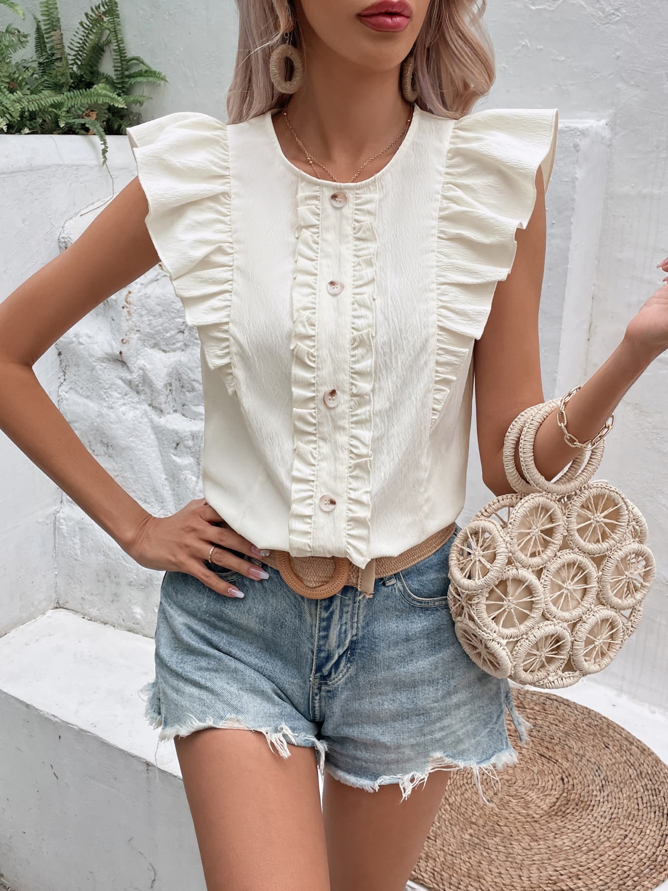 Decorative Button Frill Trim Round Neck Top-Teresa&#39;s Fashionista LLC